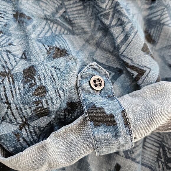 Soft Surroundings Blue Chambray Geometric Print 3/4 Sleeve Collared Tunic Top L - Picture 4 of 5